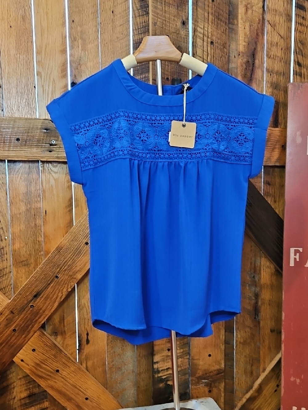 383 Blu Pepper Cobalt Blue Lace Yoke Top